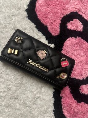 JUICY COUTURE Black Quilted Wallet with Gold Hardware and Pink Charm Accents